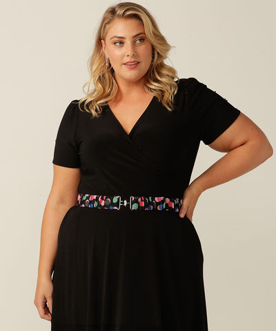 The Ultimate Little Black Dress, the Mavis Dress is a fixed-wrap style with full calf-length skirt that will add glamour to your evening or occasionwear wardrobe. Designed and made in Australia by fit experts L&F for plus size women, petite sizes and fashion-conscious women who respect eco-friendly, slow fashion.