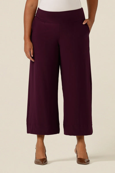 A wide leg pant in Mulberry jersey. These wide leg trousers are cropped in length and feature side front pockets and a deep waistband. Australian-made.