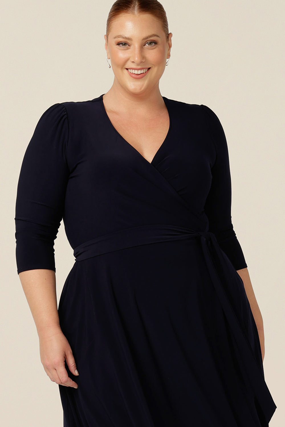 Shop jersey wrap dresses like this navy blue wrap dress, by Australia and New Zealand's wrap dress experts, L&F online for worldwide shipping.