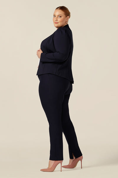 Update your workwear look with this Australian-made, zip front, navy tailored jacket. Perfect for work and corporate wear, this is a smart jacket in sizes 8 to 24.