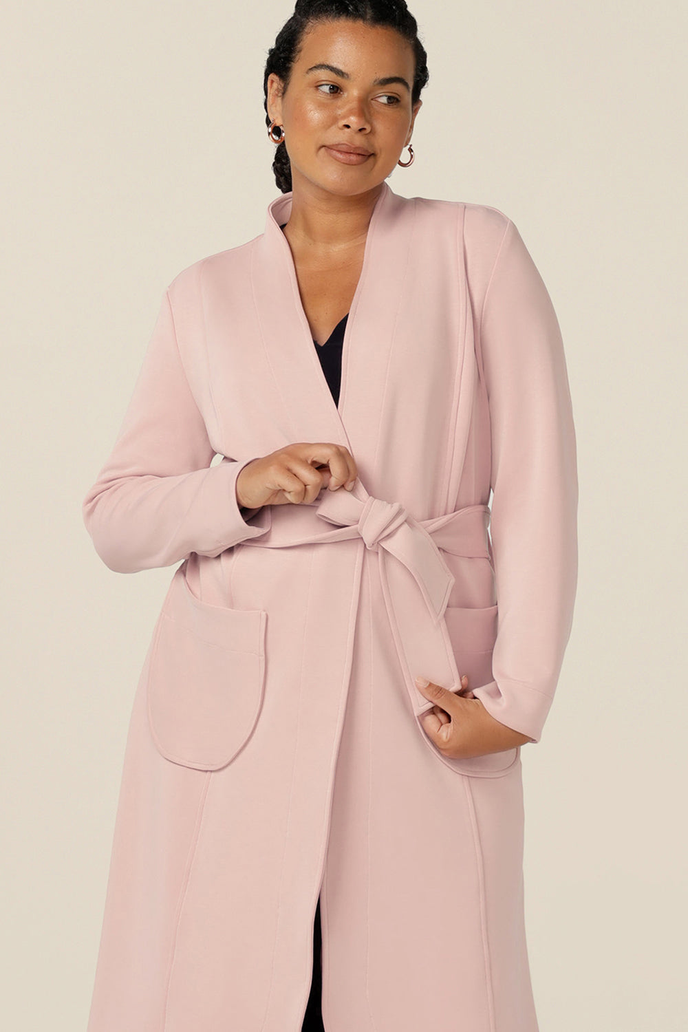 How to tie the perfect fabric belt tie - this good soft tailoring coat in dusty pink modal by Australia and New Zealand womens clothing brand L&F, ties at the waist with a self-fabric belt.