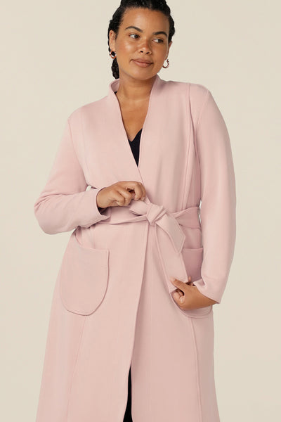 How to tie the perfect fabric belt tie - this good soft tailoring coat in dusty pink modal by Australia and New Zealand womens clothing brand L&F, ties at the waist with a self-fabric belt.