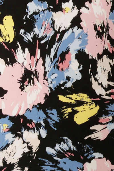 swatch of Leina and Fleur's 'splendour' floral print of pastel flowers on black jersey and used in their range of women's wrap dresses, jersey tops and wide leg pants.